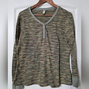 Multicolor Long Sleeve Henley Top Green And Tan